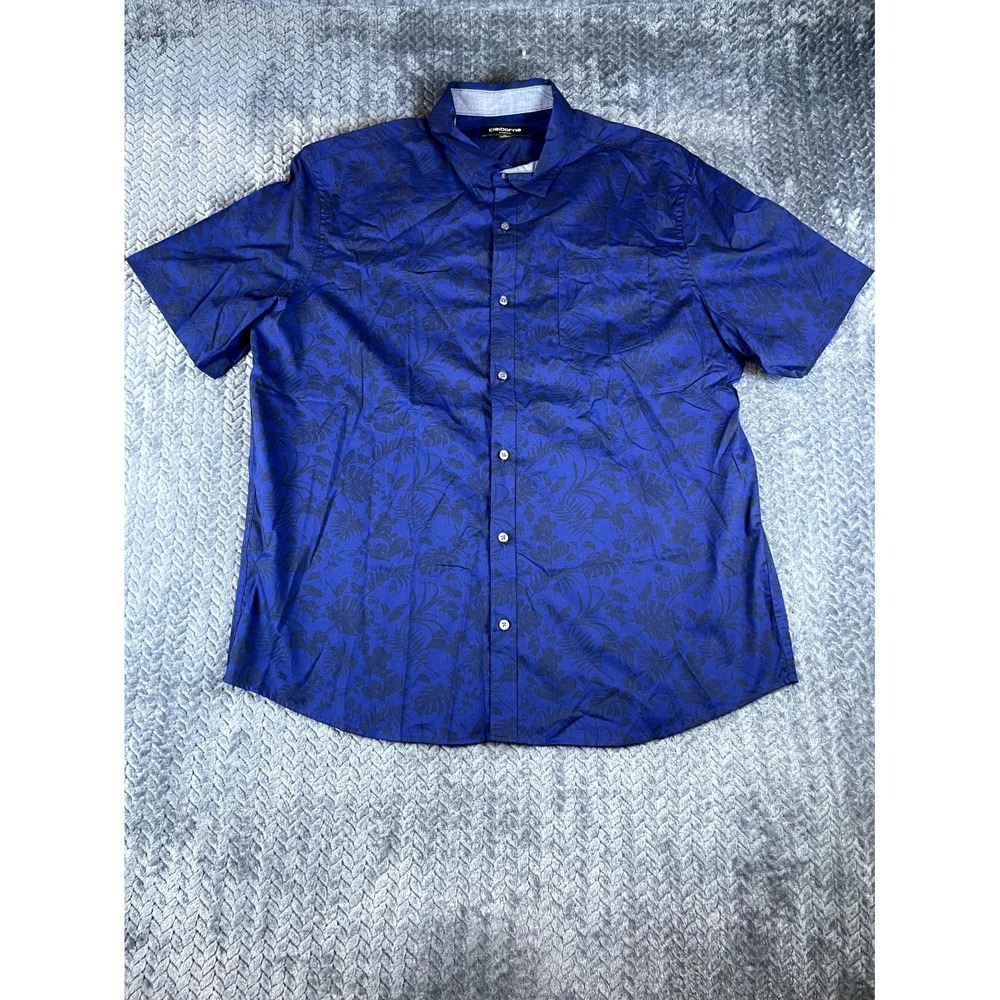 Claiborne Stretch Shirt Mens XL Blue Leaf Pattern Cotton Short Sleeve Button-Up